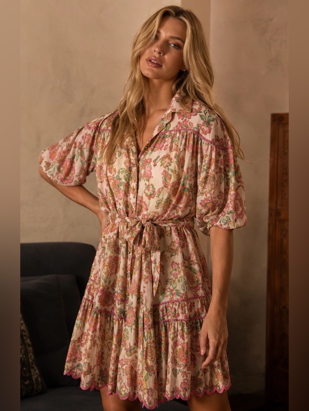 Miss June Catalina Short Dress | Boho Floral | Tie Belt | Fits Like a Large